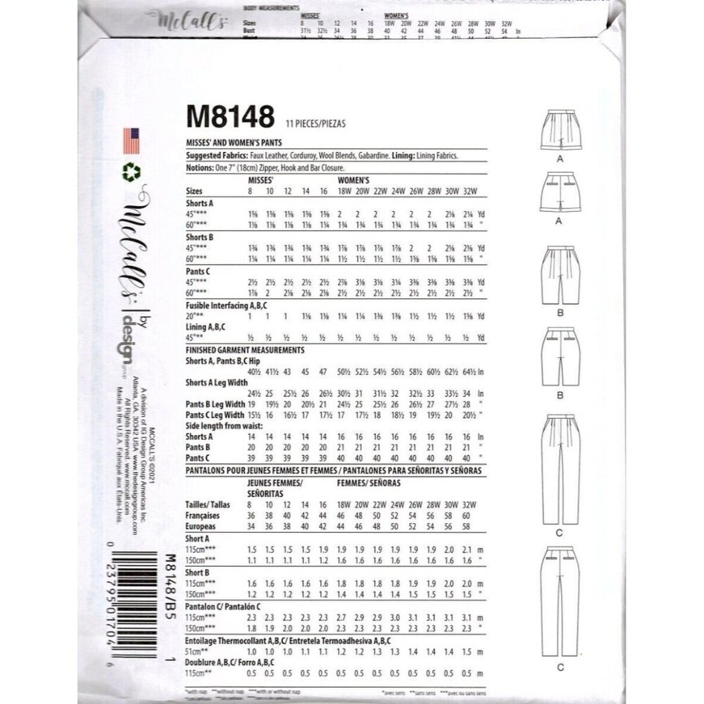 McCalls M8148 Misses 26 to 32 Learn to Sew Shorts and Pants Uncut Sewing Pattern - Picture 2 of 2